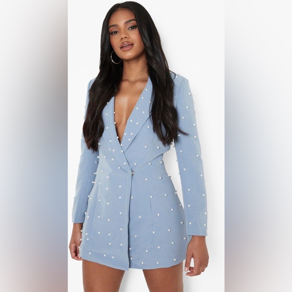 BOOHOO PETITE PEARL DETAIL BLAZER DRESS